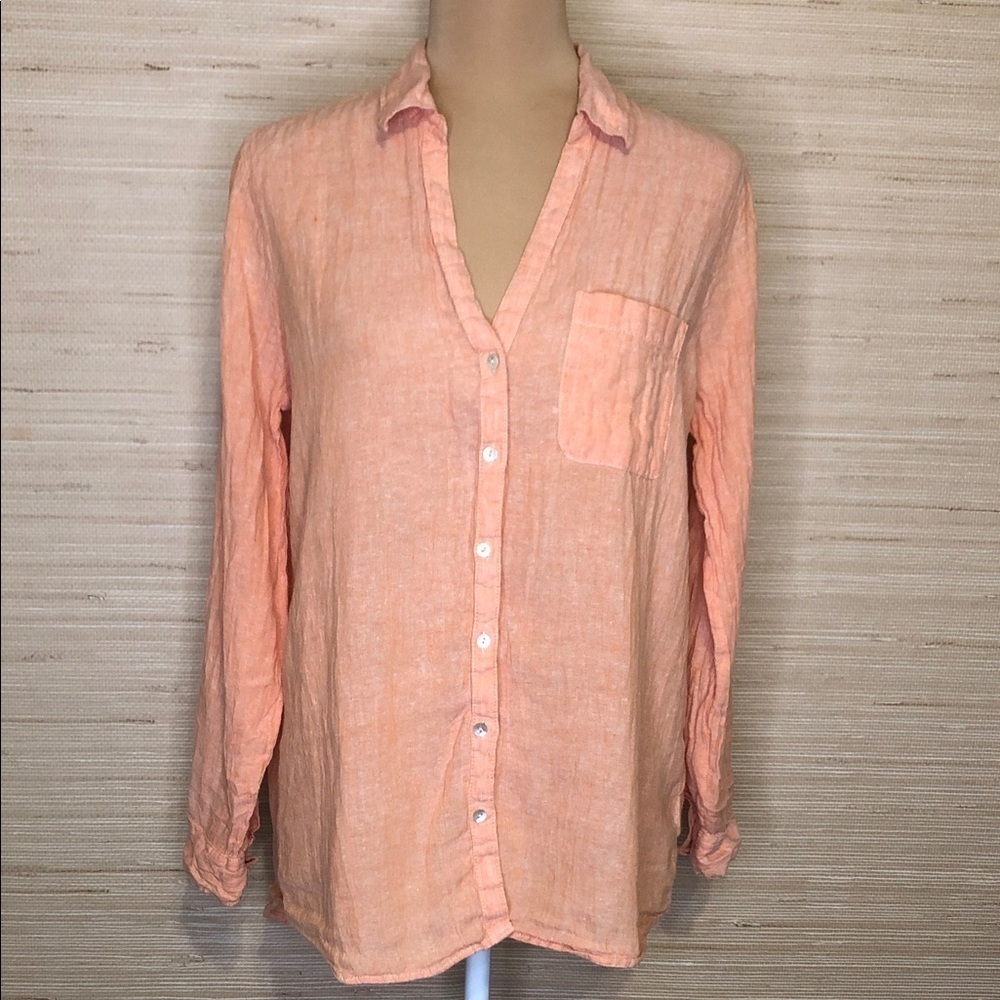 Sigrid Olsen Orange Button-Up Long Sleeve 100% Linen Shirt size Medium